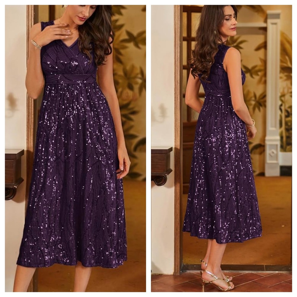 NWT Grace Karin Sequin Embellished Sleeveless MIDI Dress V-Neck Purple 14 MOB